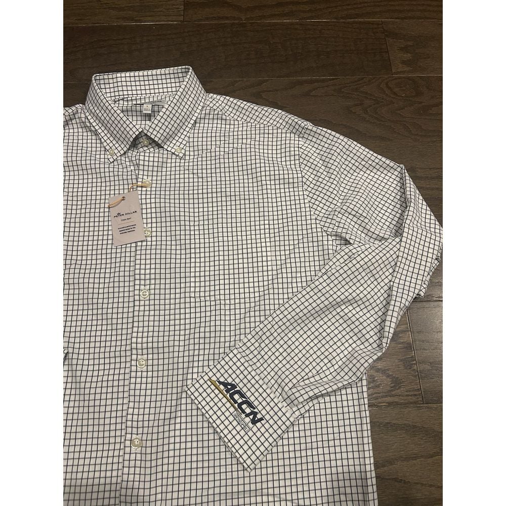 Peter Millar Crown Sport Performance Check Woven Shirt Navy Sz L NWT ACC Logo