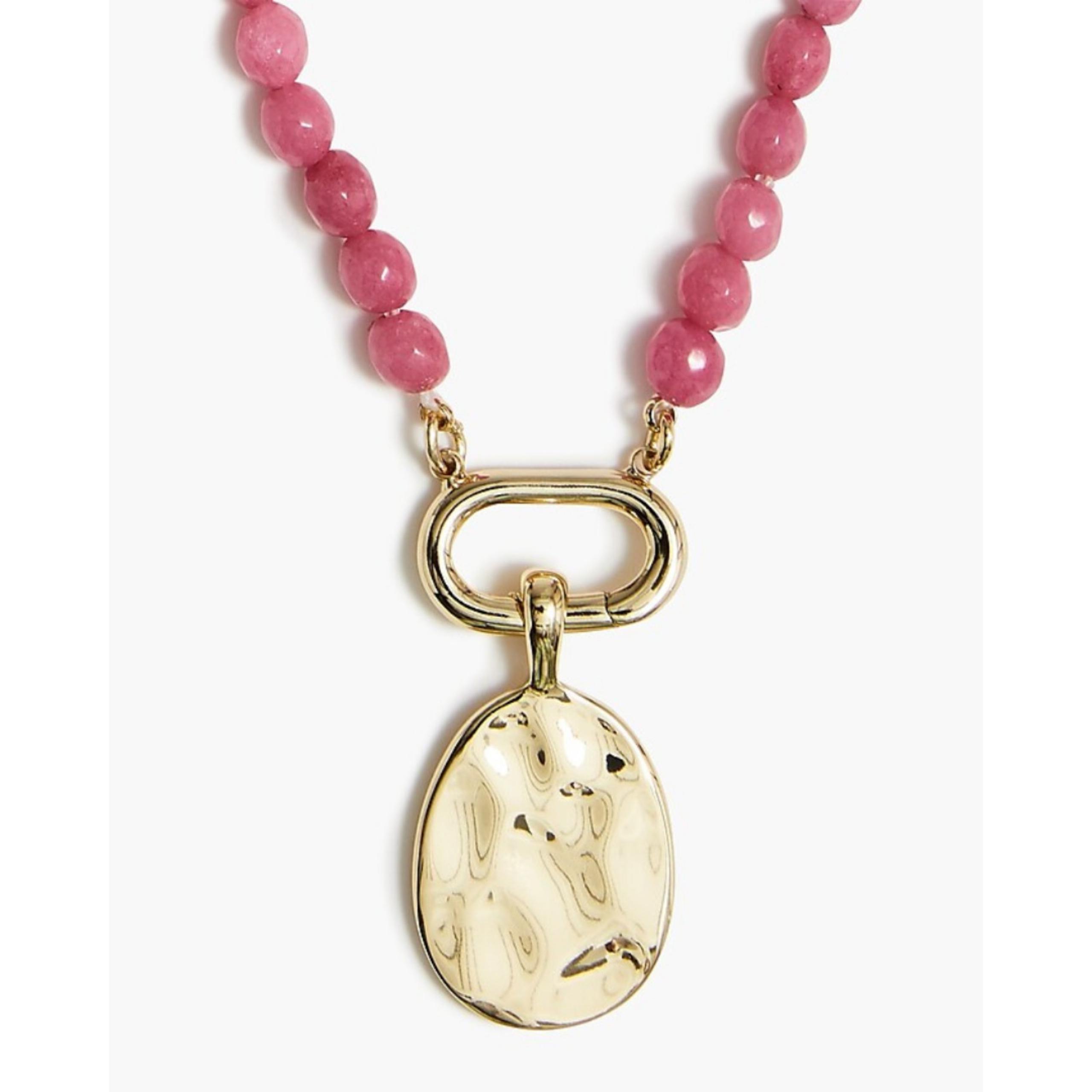 J. Crew Gold Hammered Pendant & Pink Bead Necklace