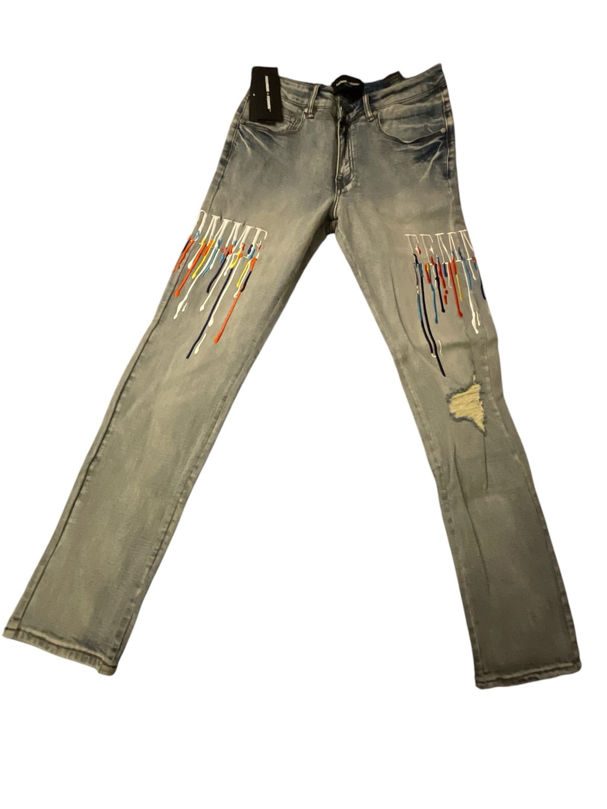 Homme Femme Blue Multi Color Drip Skinny Jeans 30 X 32