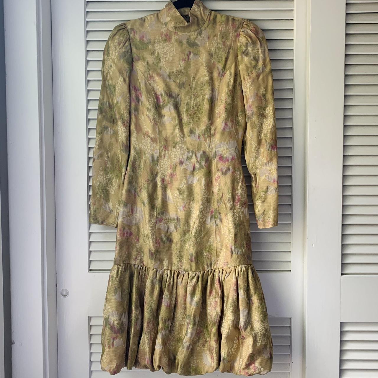 Vintage 1980s 80s Gold Floral Jacquard Sculptural Long Sleeve Mermaid Dress S