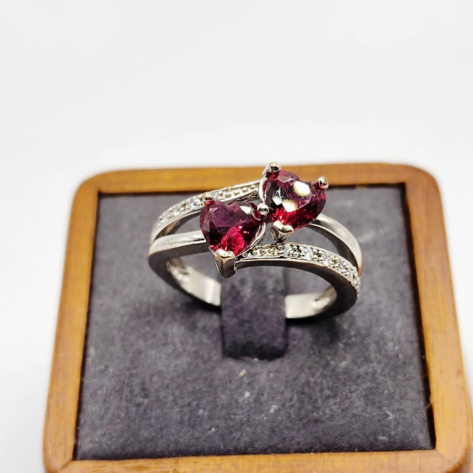 14K White Gold Plated Over Sterling Two Heart Love Ring Simulated Garnet Sz 10.5