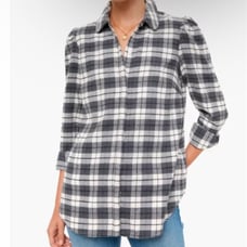 Tuckernuck Saranac Midnight Plaid Cotton Puffed Shoulder Flannel Shirt Large