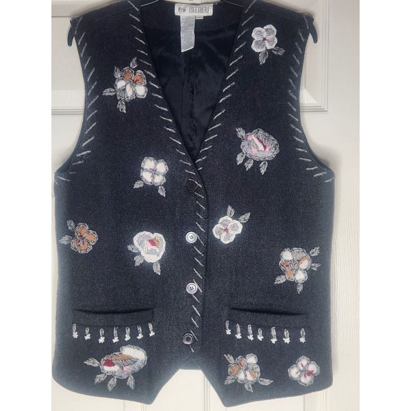 Vtg Together L Charcoal Gray Embroidered WOOL Blend Lined Pockets Women's Vest