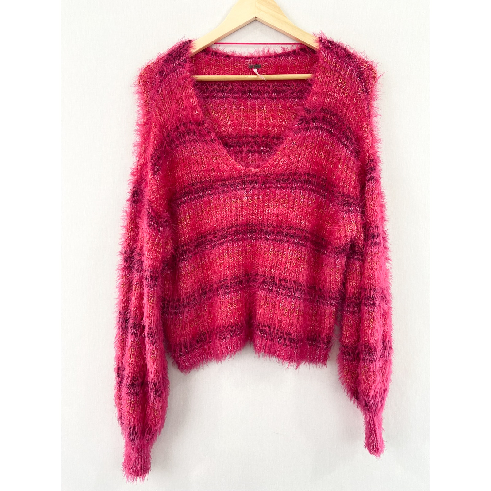 Free People Gelato Sweater XS Pink Eyelash Knit Pink Balloon Sleeve Sweater Fuzz