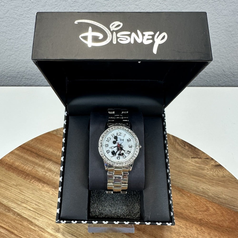 Accutime Disney Mickey Mouse Adult Analog Watch Stainless Steel Rhinestones Opal