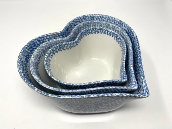 ABC Exclusive Ceramic Heart Nesting Bowls Blue Sponged Design (3) Circa 1990's