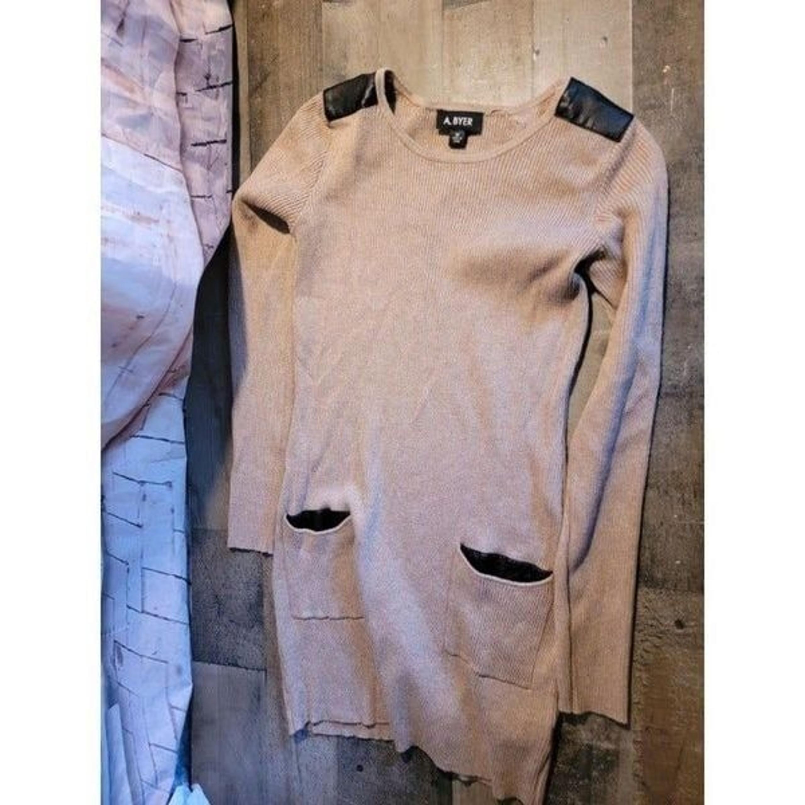A. BYER tan long sleeved shirt/ dress? Woman's with leather shoulders