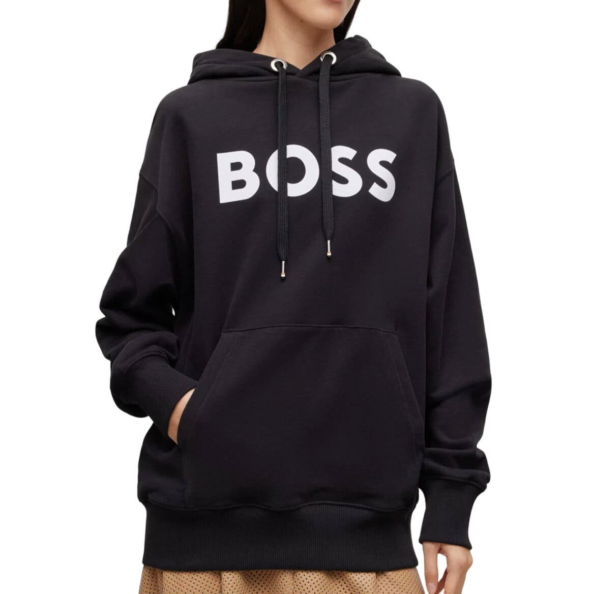 BOSS Unisex Oversized Black Boyfriend Hoodie with Contrast Logo Size Large