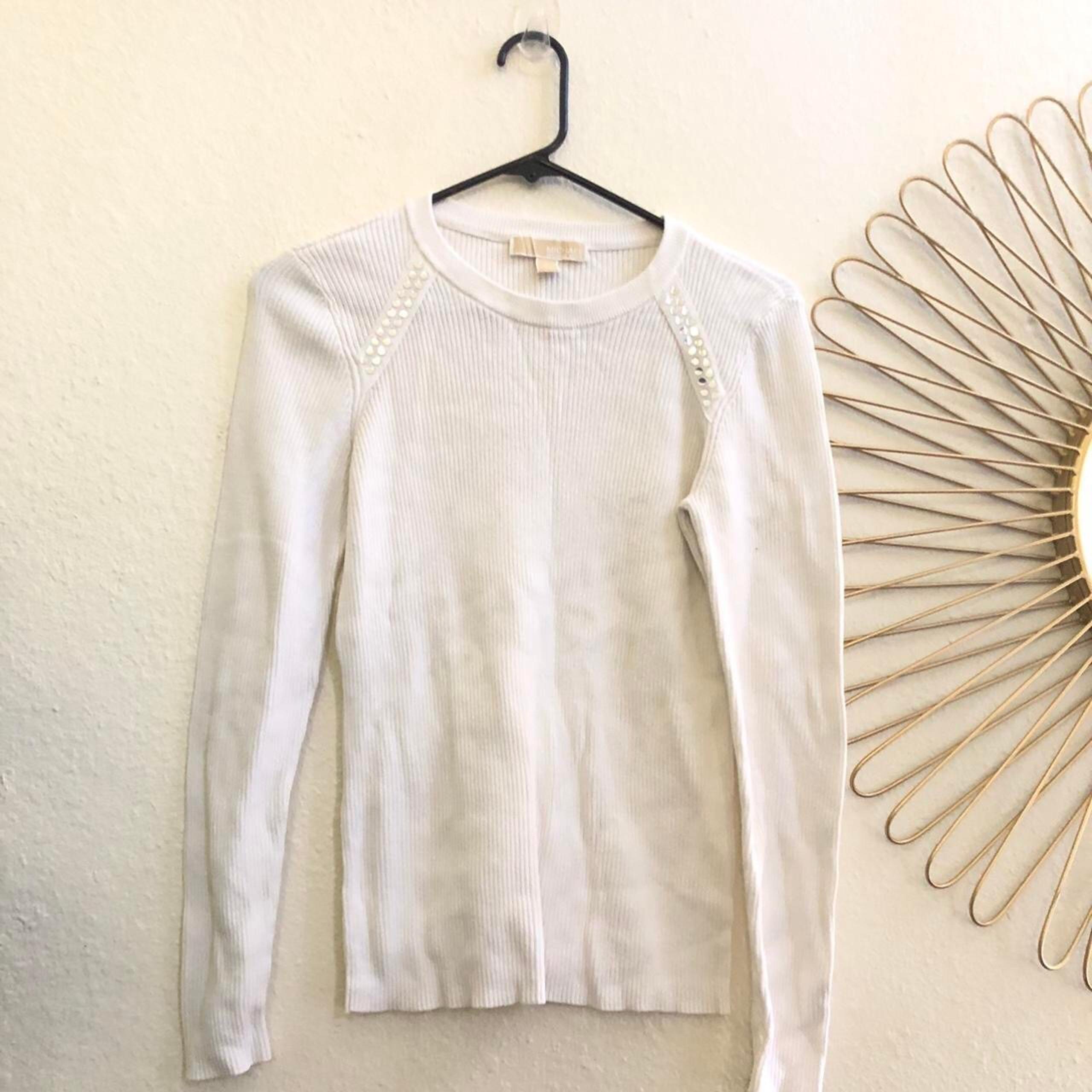 Michael Kors Minimalist White ribbed crewneck long sleeve fitted sweater top