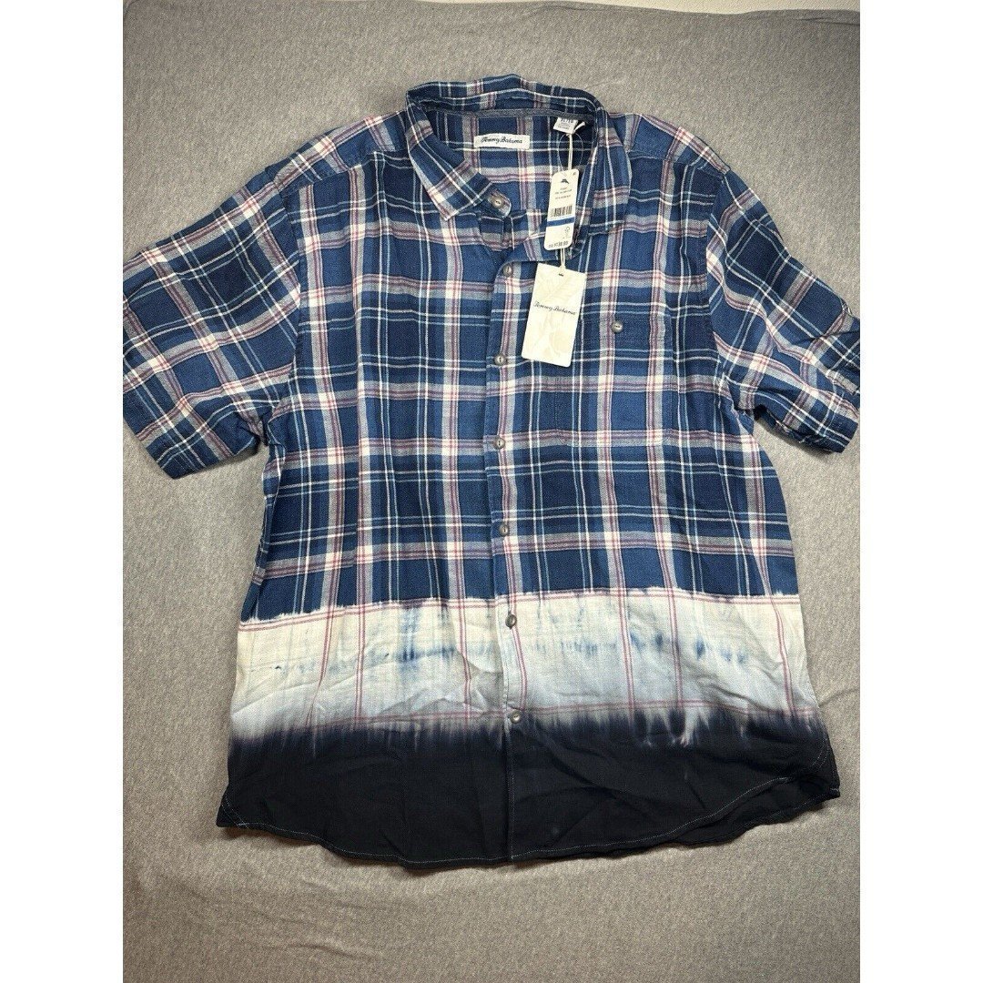 NEW Tommy Bahama Soul Cal Surf Plaid Shirt Mens XL Bering Blue Cotton S/S 138