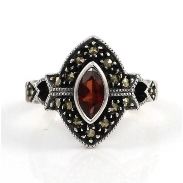 JUDITH JACK Garnet Marcasite Silver Ring