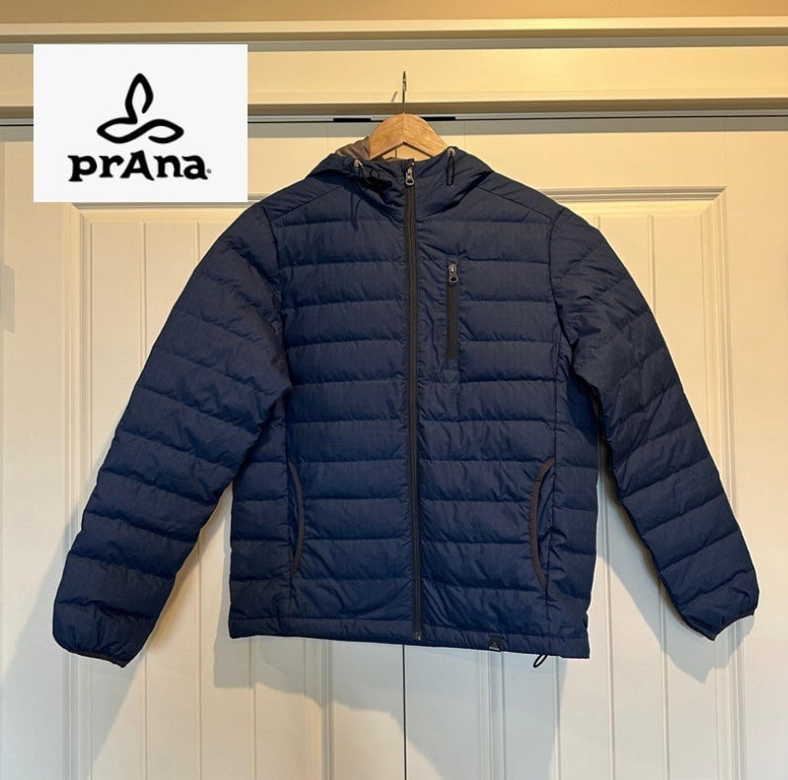 Prana Mens Small, Down Puff Jacket, Navy Blue, Hood