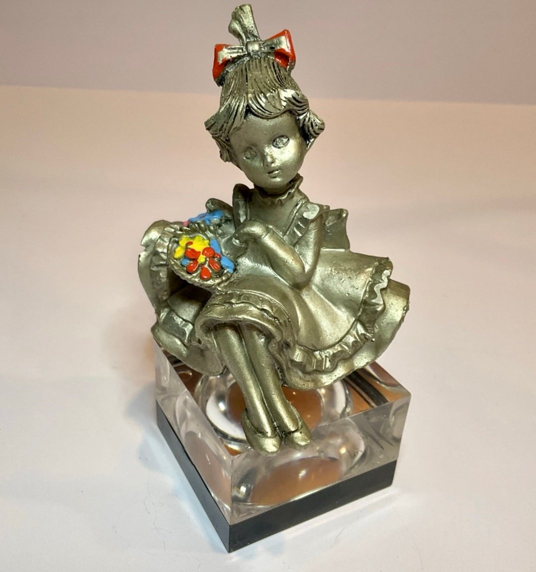 Vintage PELTRO CESELLATO A MANO Pewter Girl Figurine Lucite Base, Made In Italy