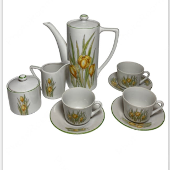 Set of 9 Vintage DANSK Designs White, Yellow and Green Crocus Floral Tea Set