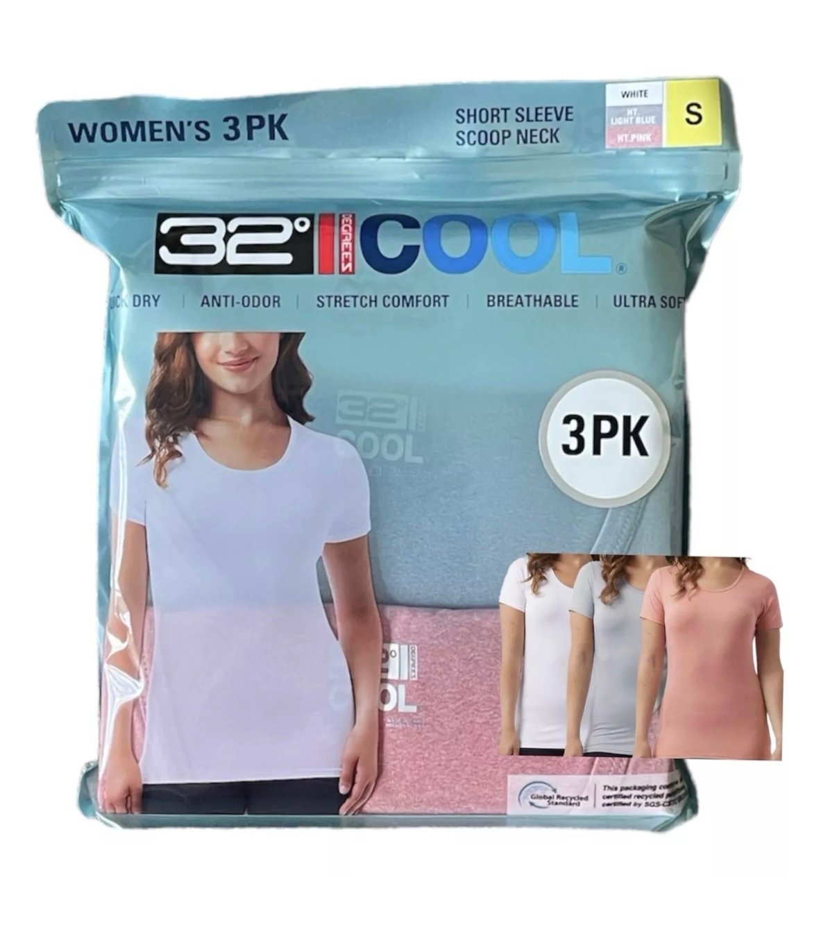 32 Degrees Women’s Cool Tee Short Sleeve Scoop Neck Tee Shirt 3-Pack Size M New