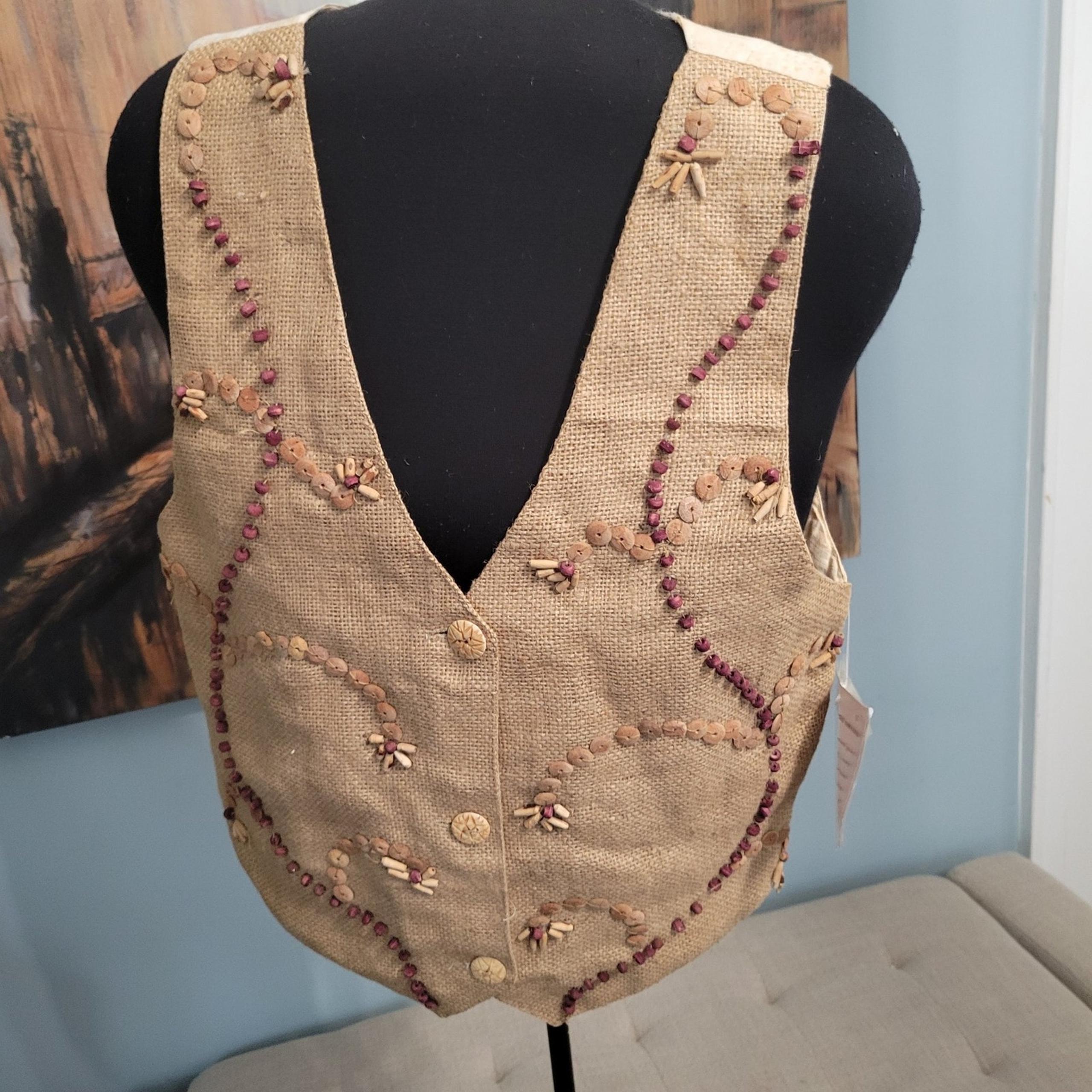 Vintage Jane Ashley Western Style Wood Bead Embroidered Vest Women's size S NWT
