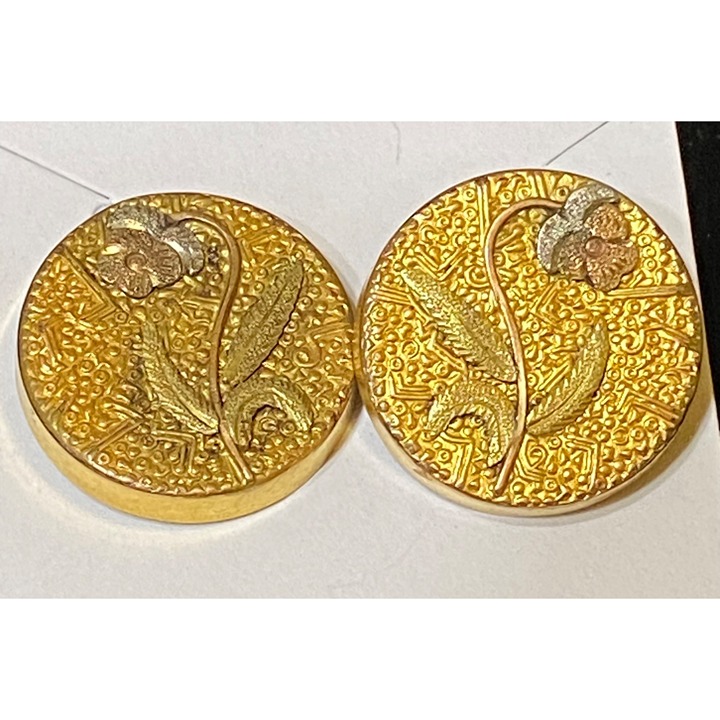Pair Of Earrings Vintage Gold-Plated Floral Metal Buttons