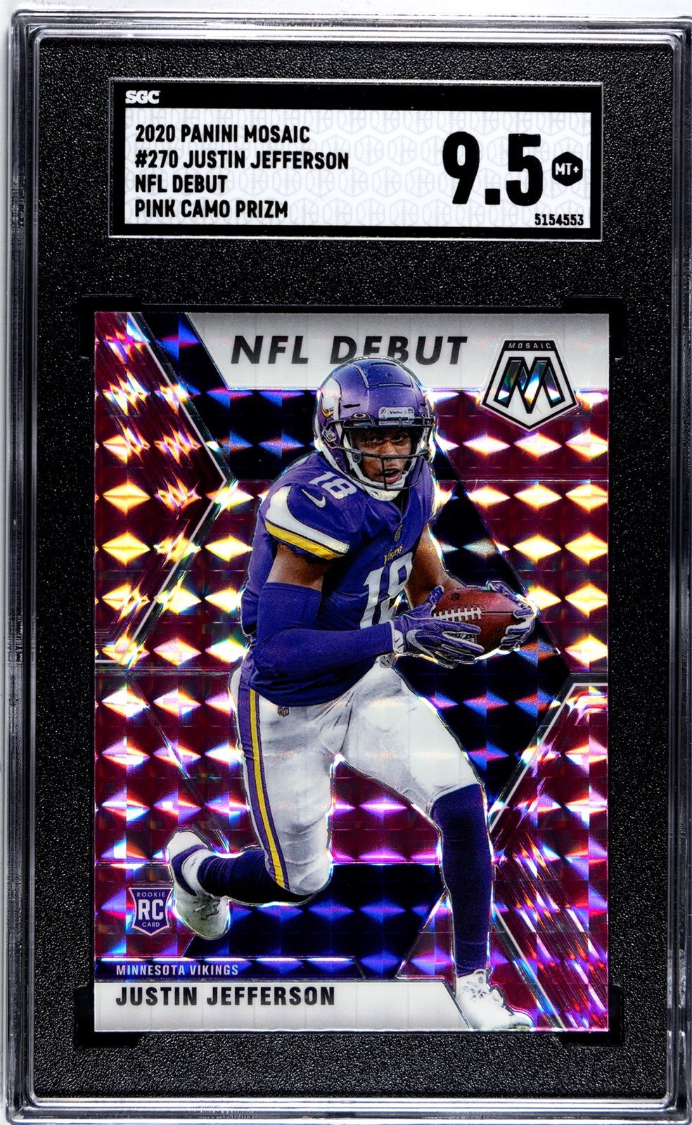 2020 Panini Mosaic 270 Justin Jefferson NFL Debut Pink Camo Prizm SGC 9.5