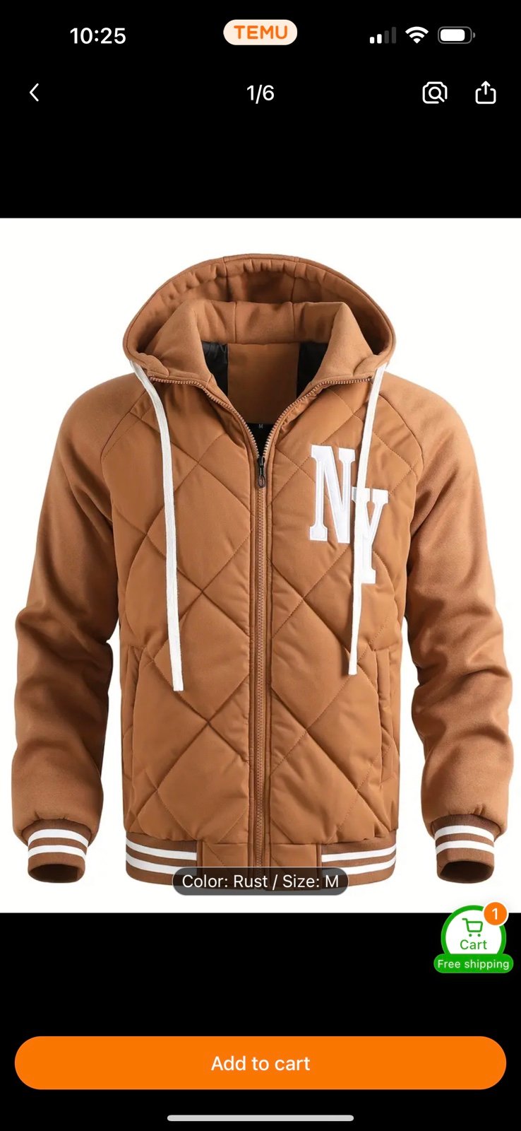 Men’s Brown Hooded Varsity Jacket With NY Embroidered Size Medium