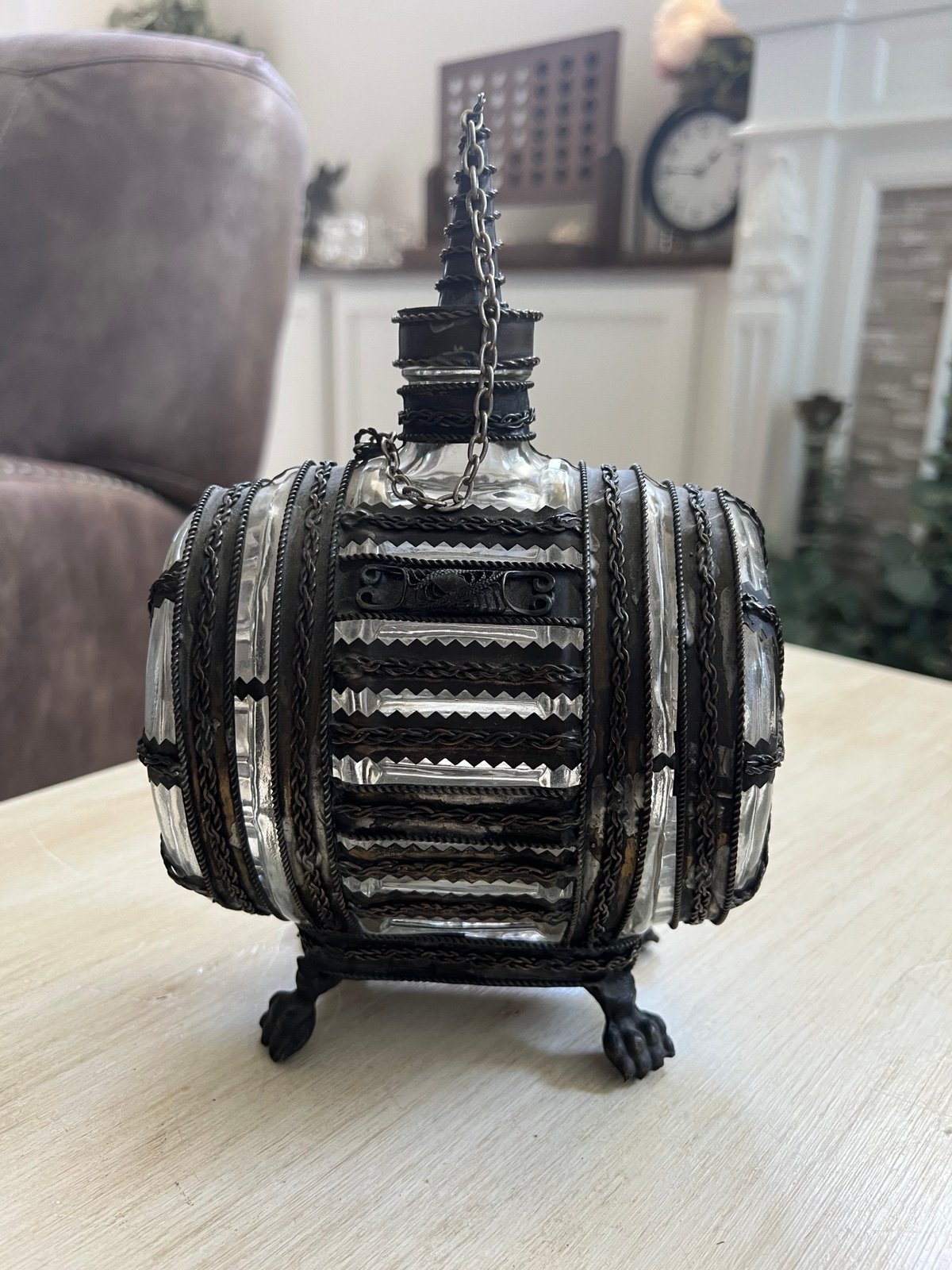 Vintage Unique Metal Wire Adorned Glass Whiskey Barrel Bottle w top