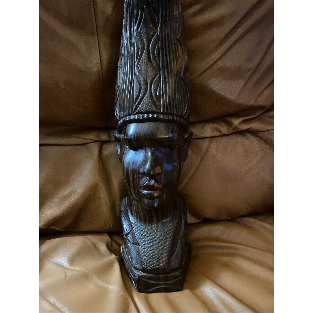 16” Carved Ebony Wood Bust Of African Tribal person Headdress Exquisite Statue