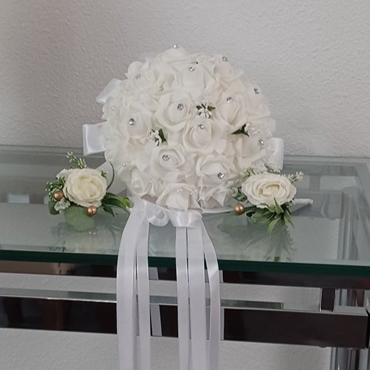 White Bridal Bouquet with 2 Ivory Groom Boutineers