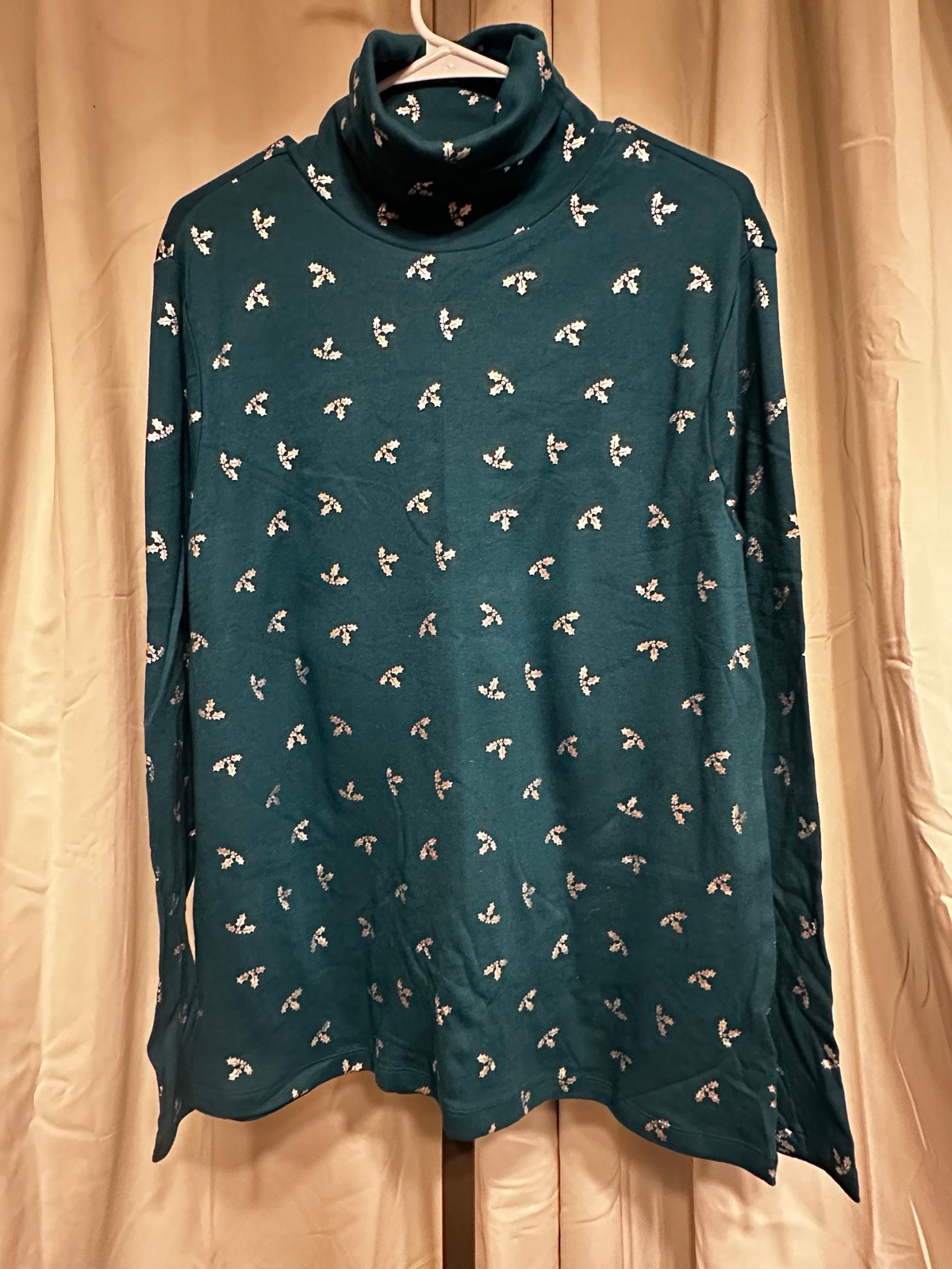 New Green Holly “ White Stag” Cowl Neck Top