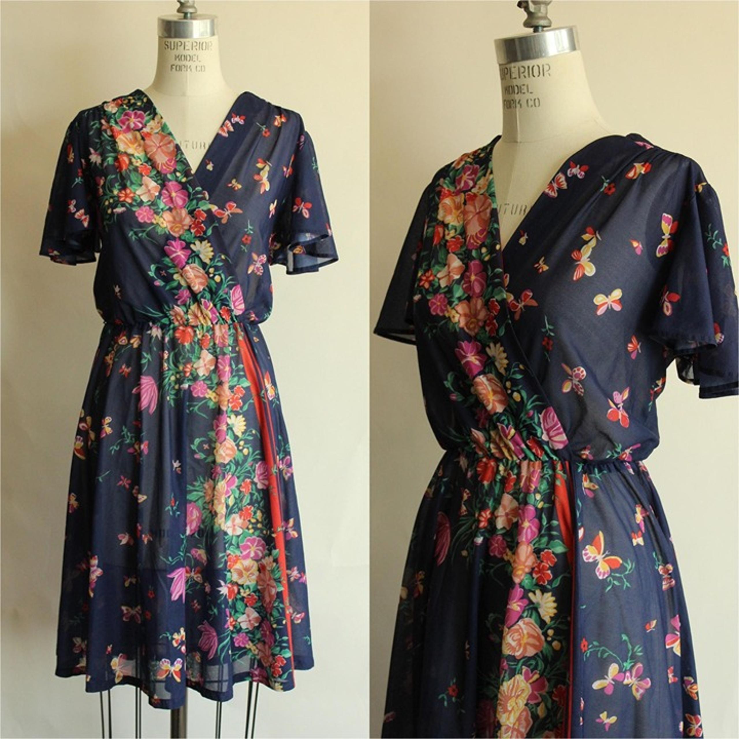 Vintage 1970s Dress, Blue Floral Boho Dress with Butterfly Sleeves, Romantic