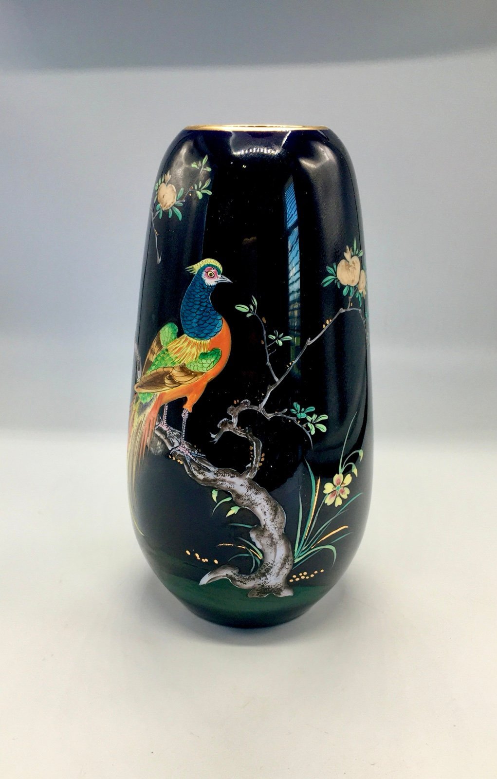 VTG Hand Painted Richard Benit Peacock Exotic Bird Navy Glass Vase, Gold Rim 8x4