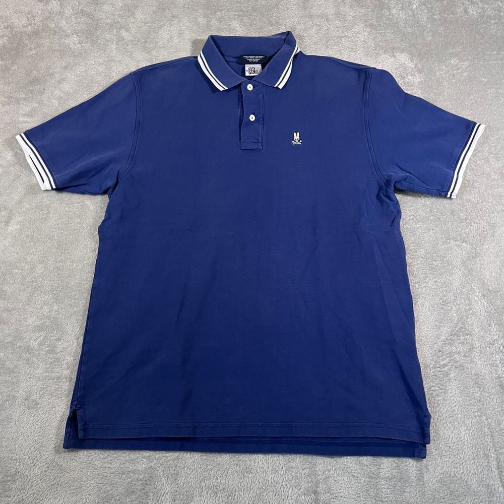 Psycho Bunny Mens Polo Shirt 8 (XL) Navy Blue Pima Cotton White Tipped Collar