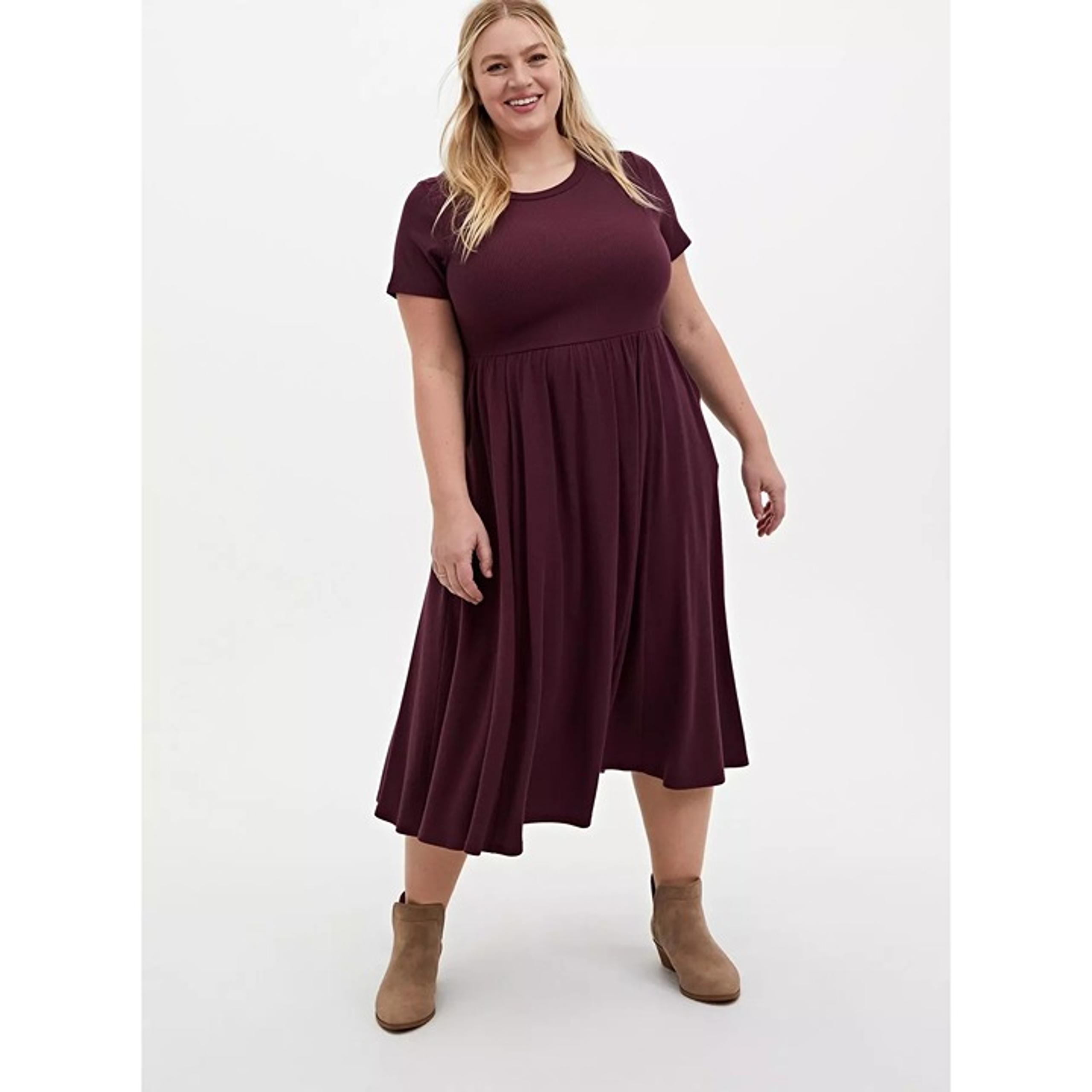 Torrid Burgundy Purple Rib Knit Midi Dress Short Sleeve Size 3X Office Casual