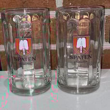 Preowned SPATEN .5 Liter Munchen Munich Beer Stein Mug Glass Spade Logo Set Of 2
