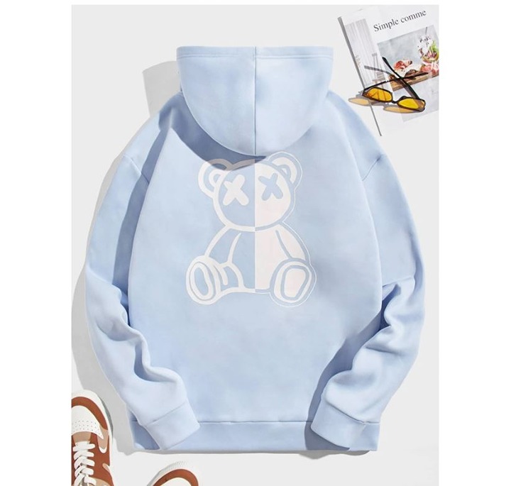 Men Bear Print Drawstring Thermal Lined Hoodie L1