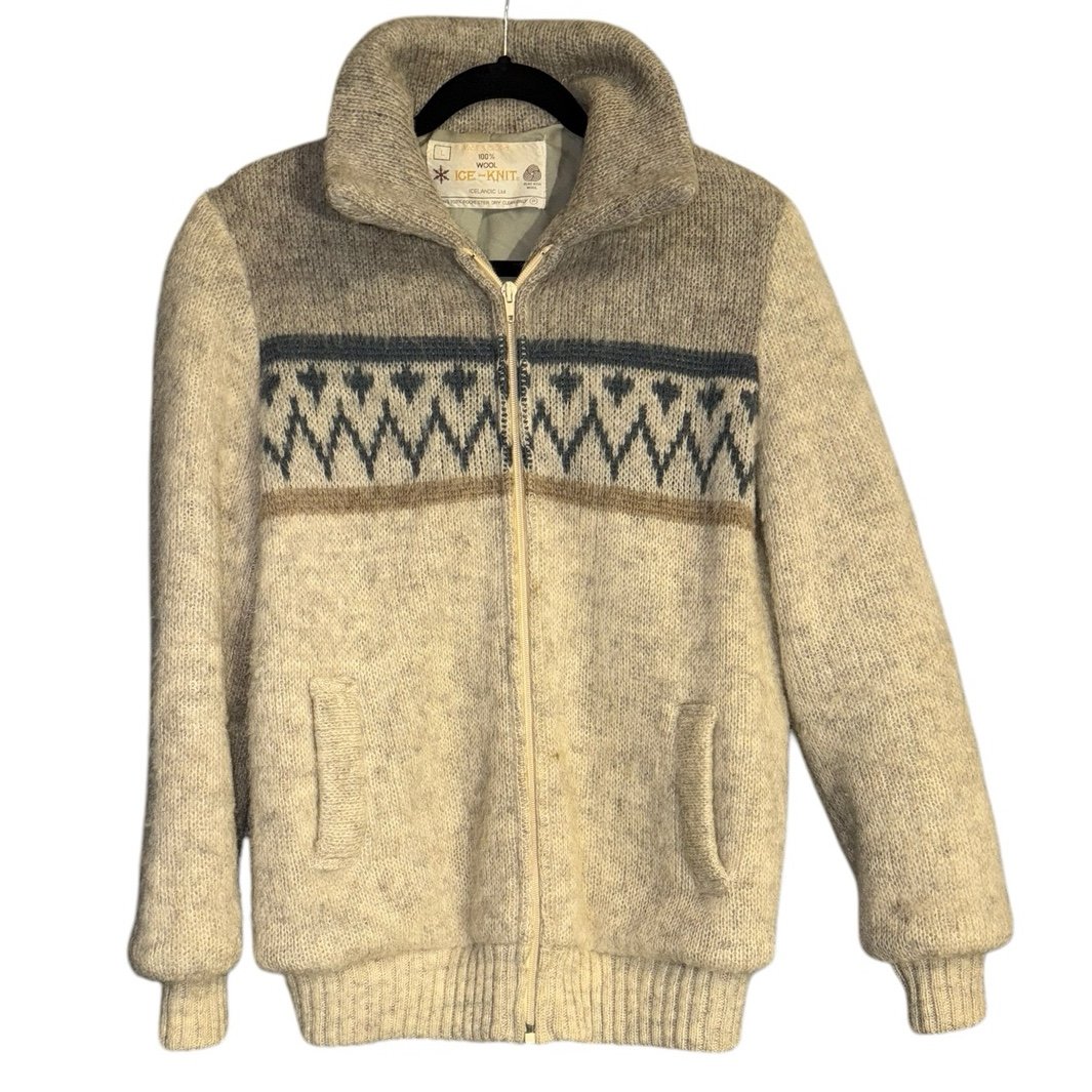 Ice-Knit Made in Iceland Women’s Cozy Beige and Blue Knit Jacket 100% Wool
