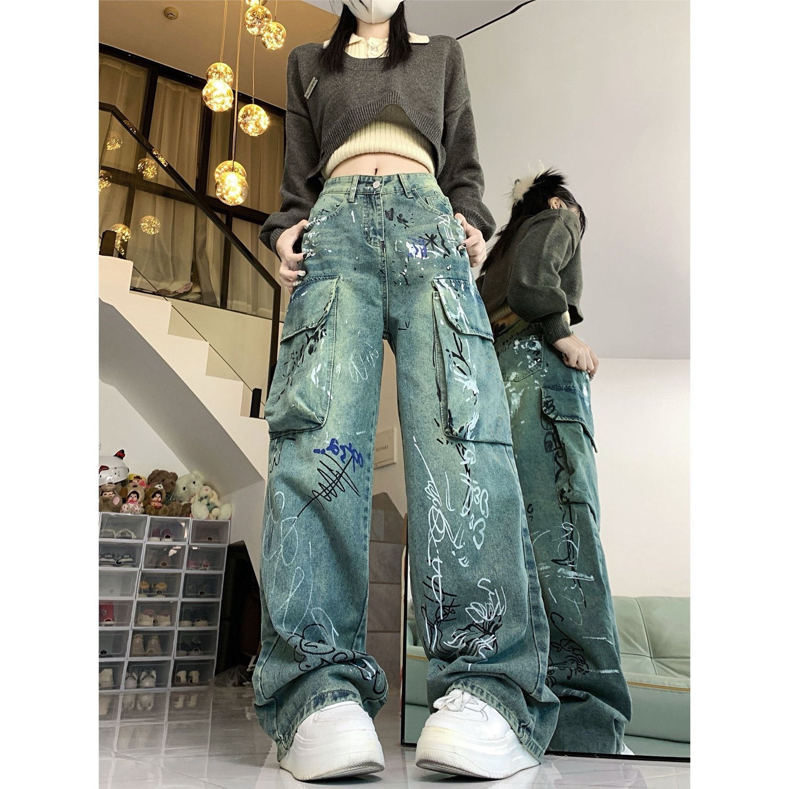 Y2K style painted baggy jeans