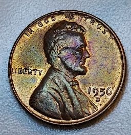 1956 d Lincoln wheat cent with multicolored toning