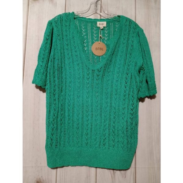 Bibi Sweater Ladies Extra Large Green Open Knit Eyelet Puff Sleeve Scallop Neck