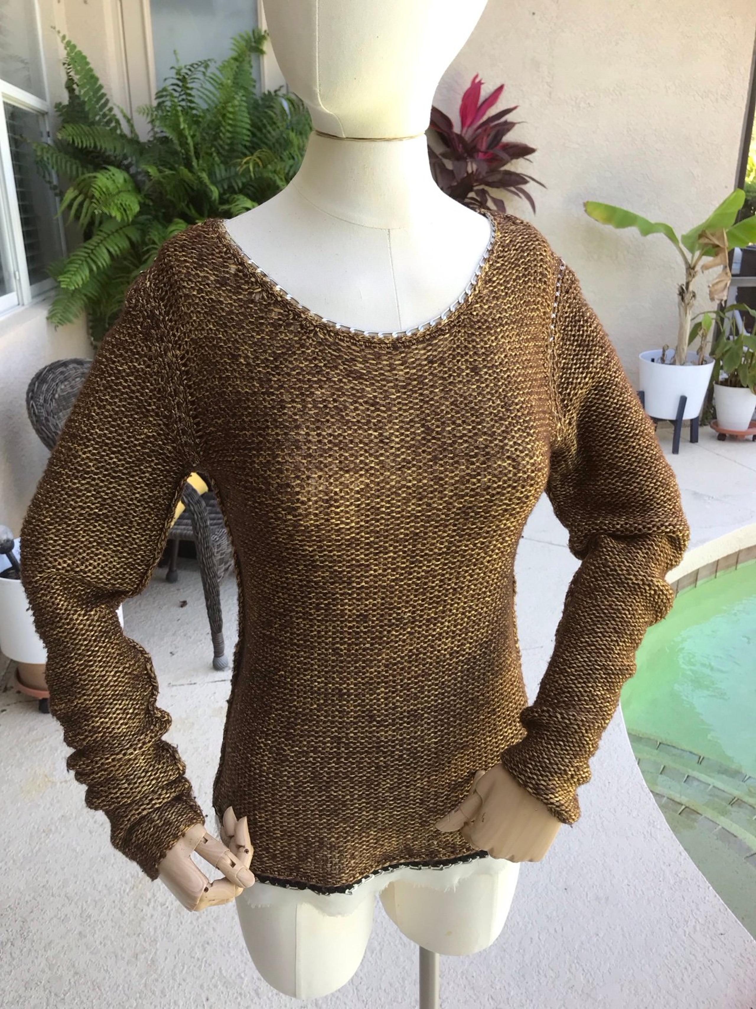 Diane Von Furstenberg Brown and Gold Knitted Sweater with Gold Chain Accent