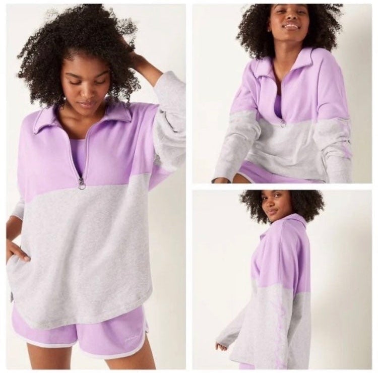 VS PINK Varsity Half Zip Pullover Sweatshirt Lavender Purple Gray Colorblock XL