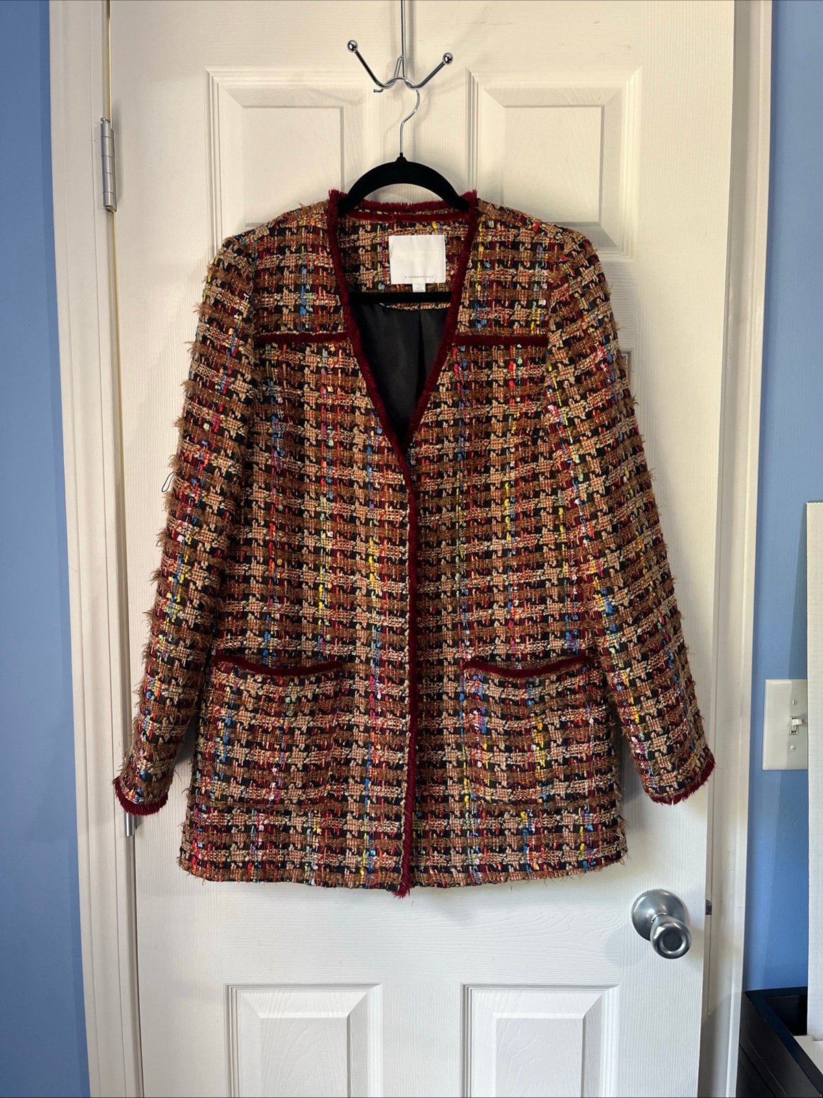 Ett:twa Anthropologie Women's Harlequin Burgundy Multicolor Tweed Jacket Small