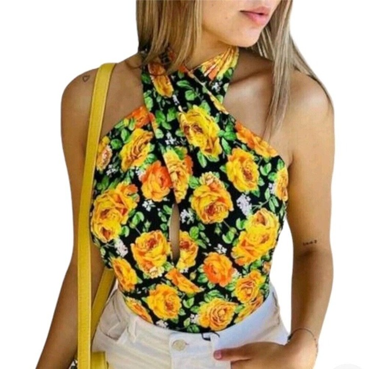 NWT Zara Twist Neck Floral Halter Top Bodysuit Large Yellow Green Roses