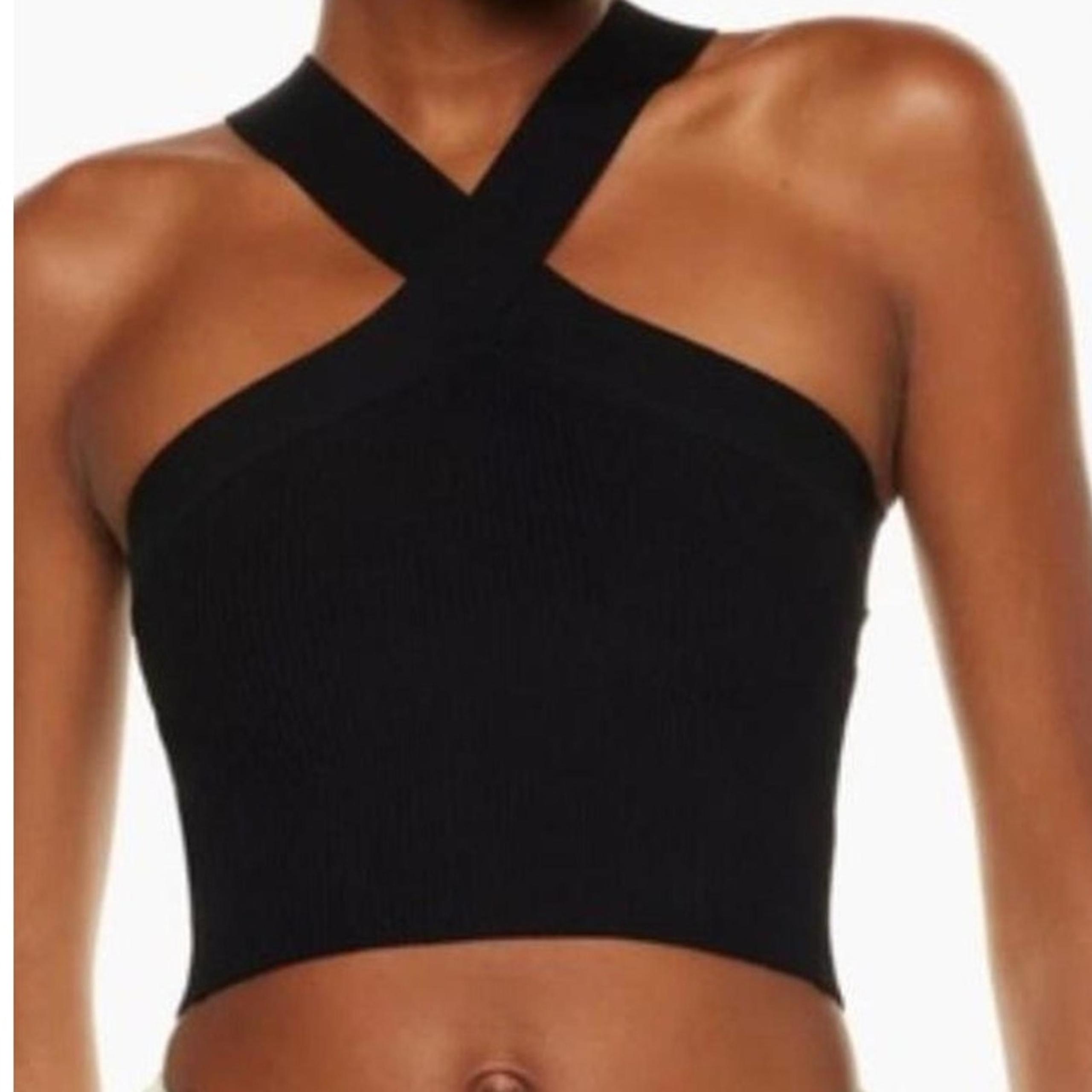 Mittoshop Tank Top Ribbed Knit Criss Cross Strap Halter Crop Top Stretch Black S