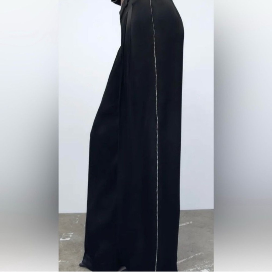 Zara black satin wide leg trouser pants with rhinestones XS NWT