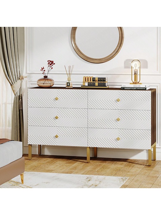 55-Inch White Gold Dresser For Bedroom, 6 Drawer Dresser