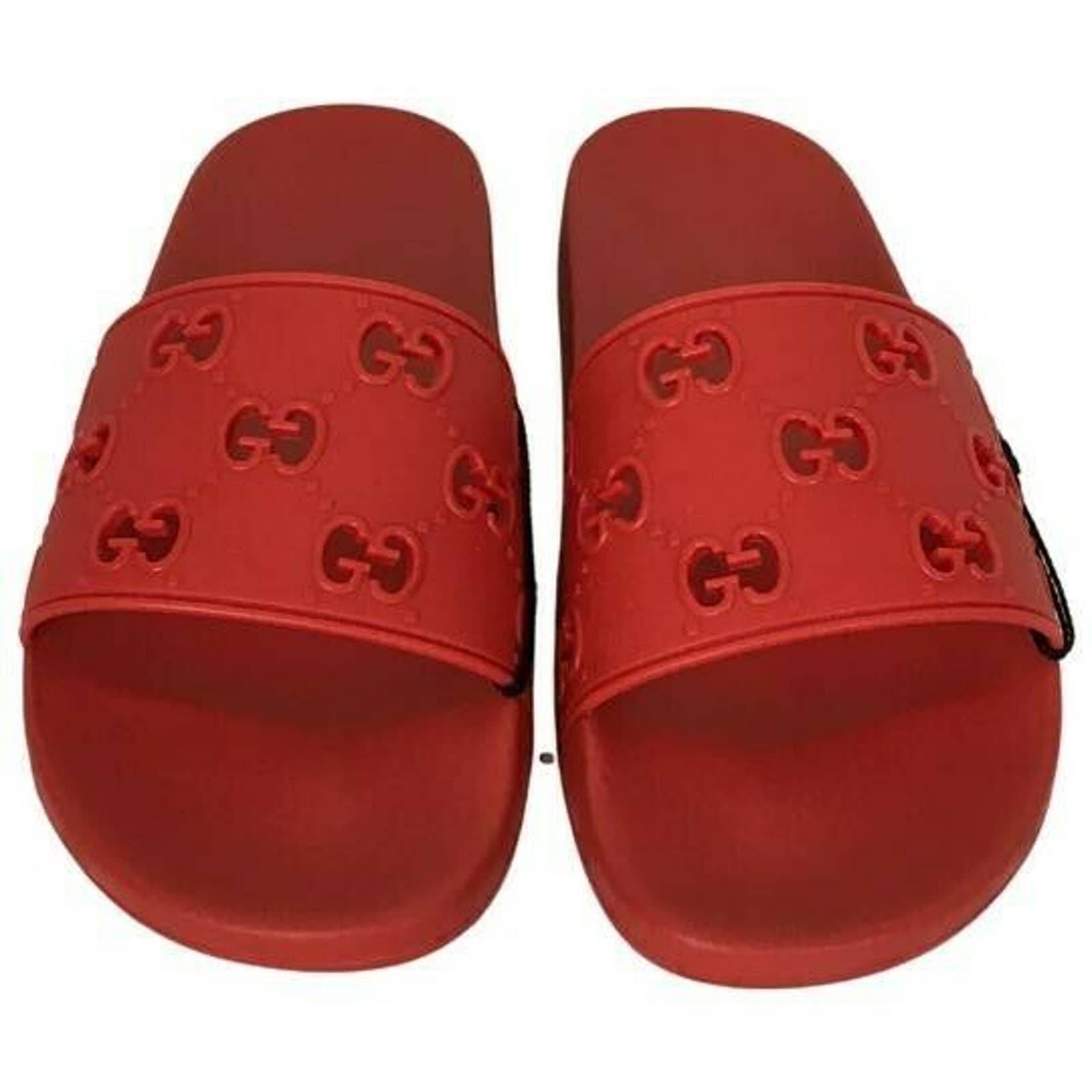 Gucci Men's GG Smotif Signature Engrave Logo Rubber Slide Sandals Sz 8,9 Red LO