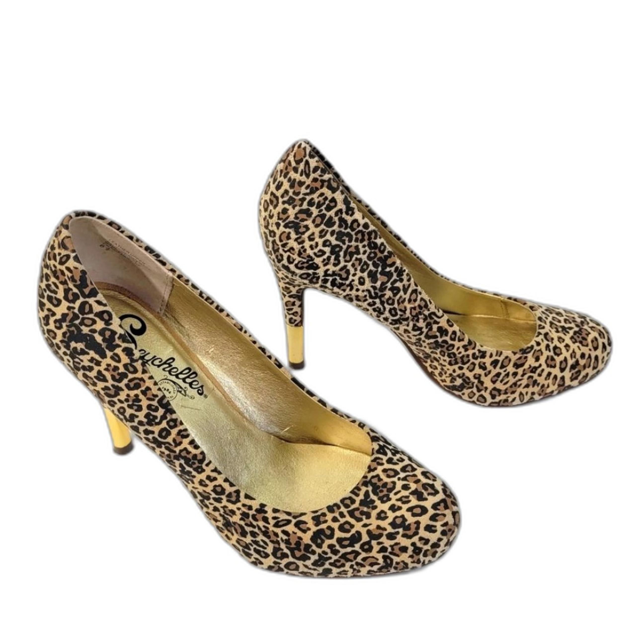 Seychelles Women's Animal Print Leather Pump Sz 6.5 Gold Heels Party Evening