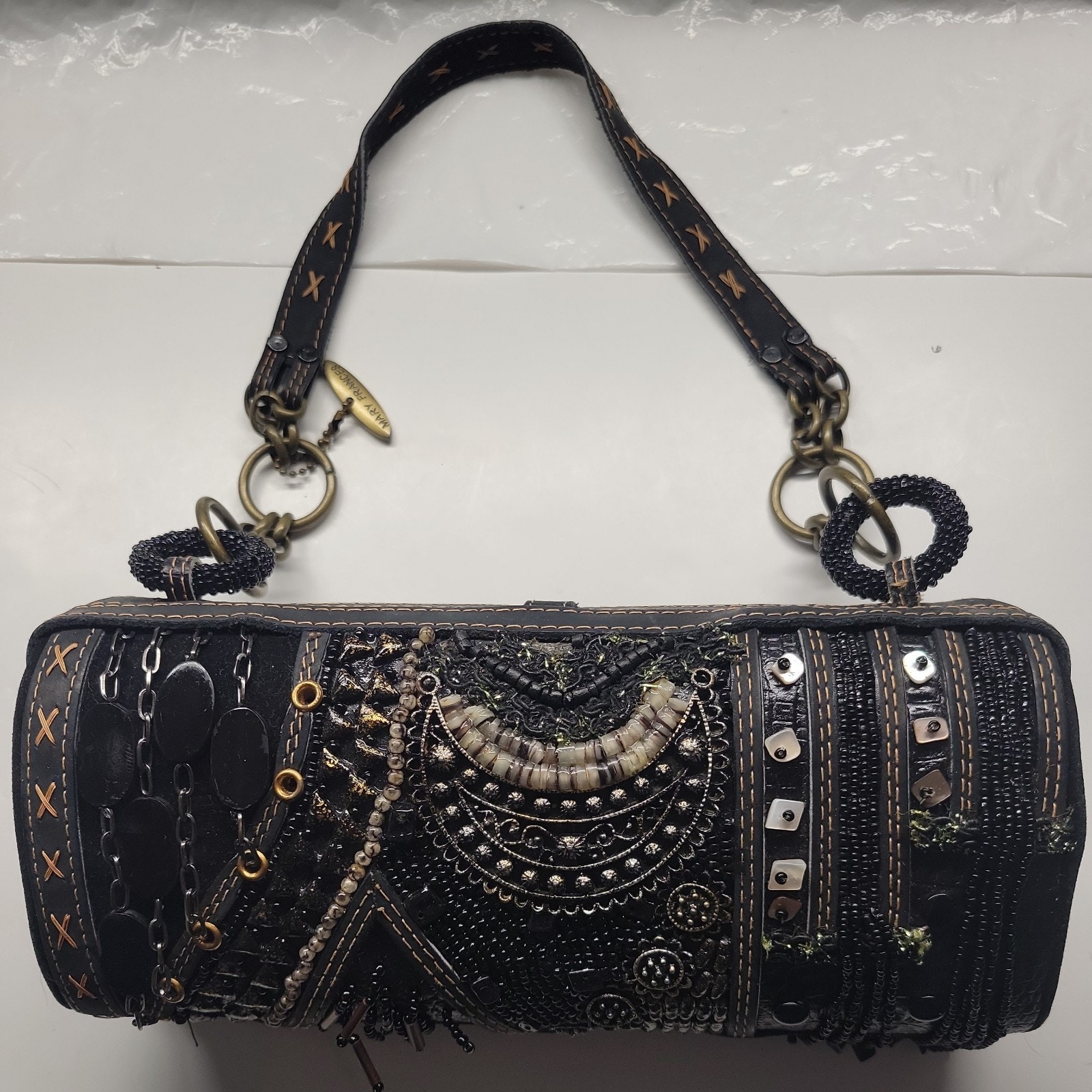 Mary Frances Unique Black Embellished Hard Case Barrel Bag Leather Top Handle