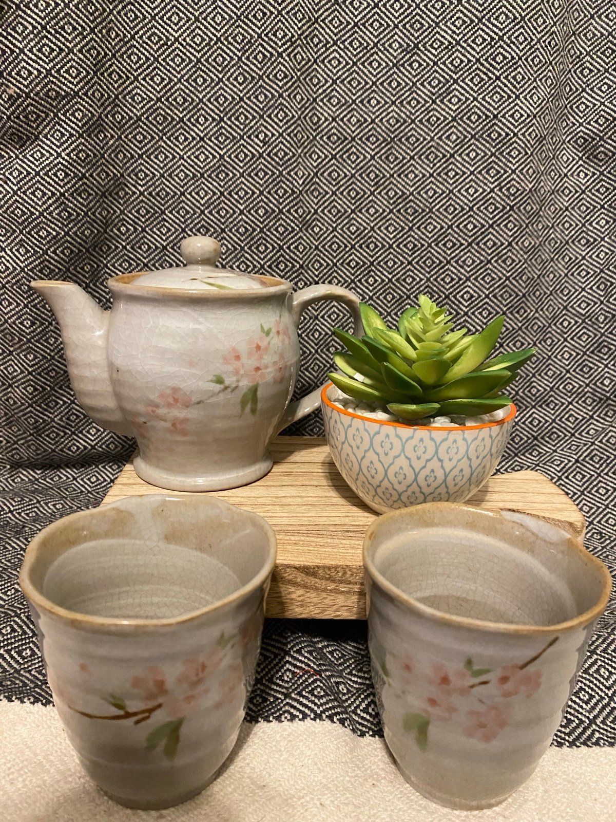 Vintage Teapot W/two Cups, Crackled Glaze W/cherry Blossoms