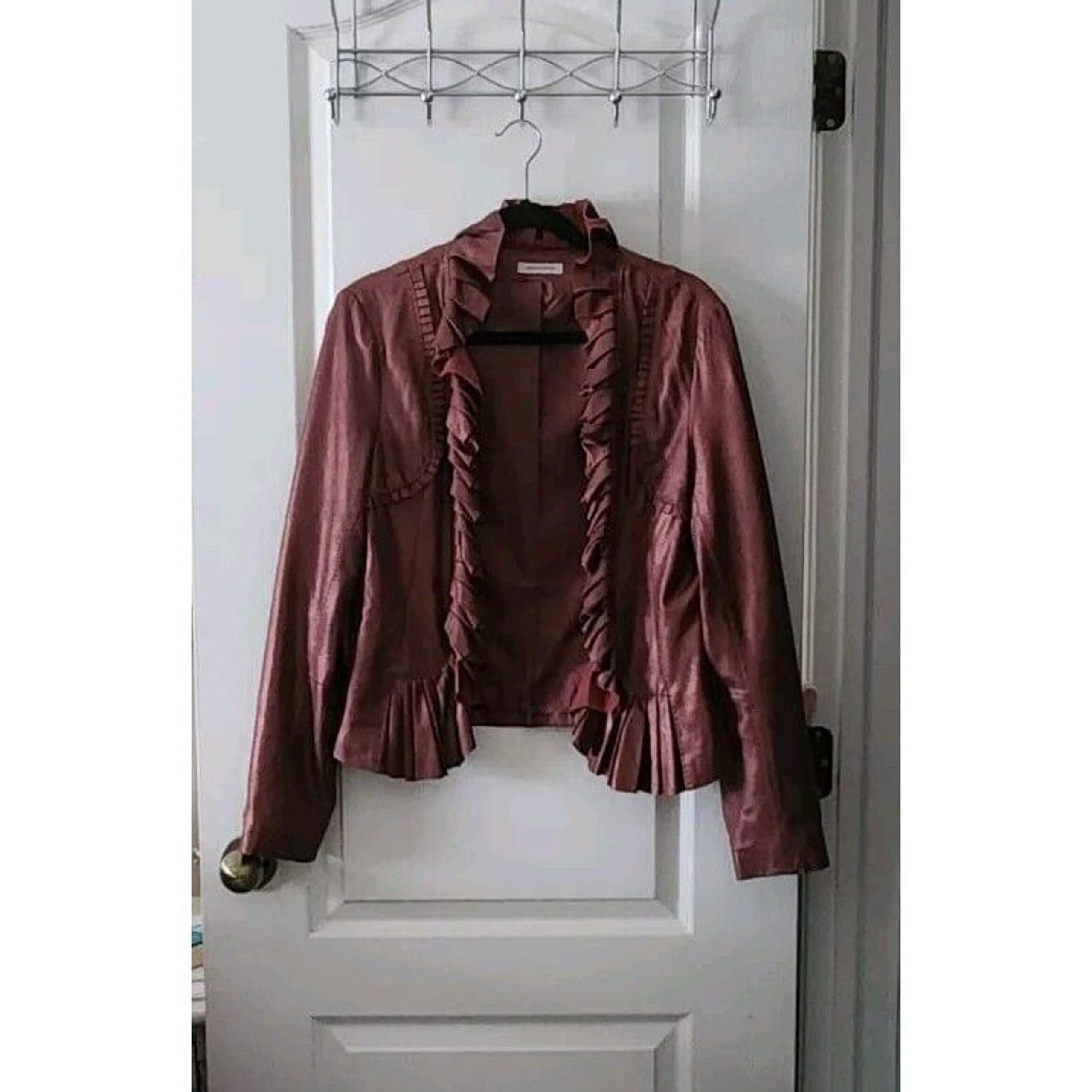 BOSTON PROPER Women's Soft Genuine Leather Ruffled Open Front Pink Jacket Sz S