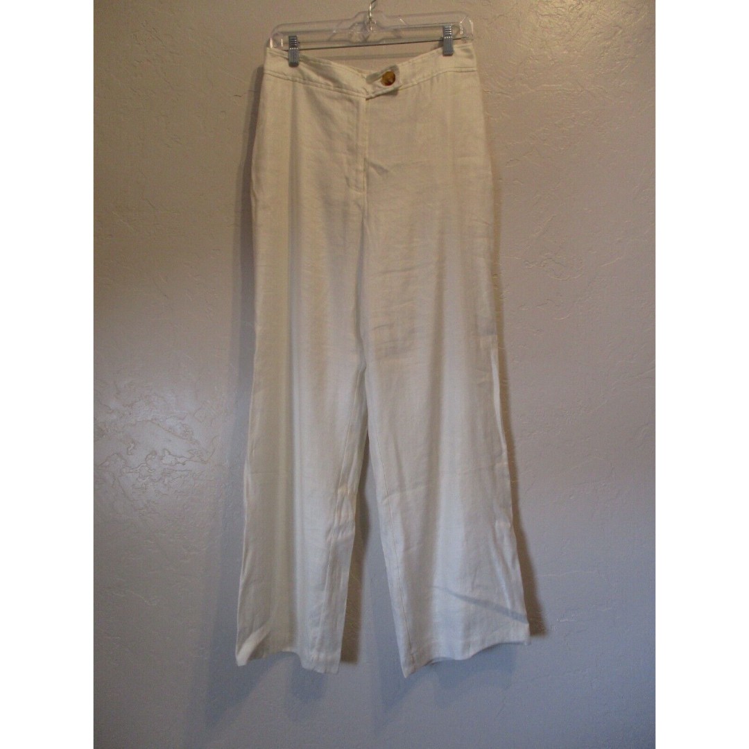 T Tahari Womens Sz 8 Linen Blend High Waist Wide Leg Trouser Pants White Office